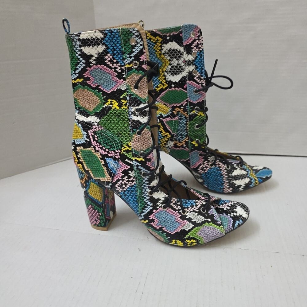 Women's Multicolor Snakeskin Open Toe Lace-Up Ankle Boots Block Heel Size 10